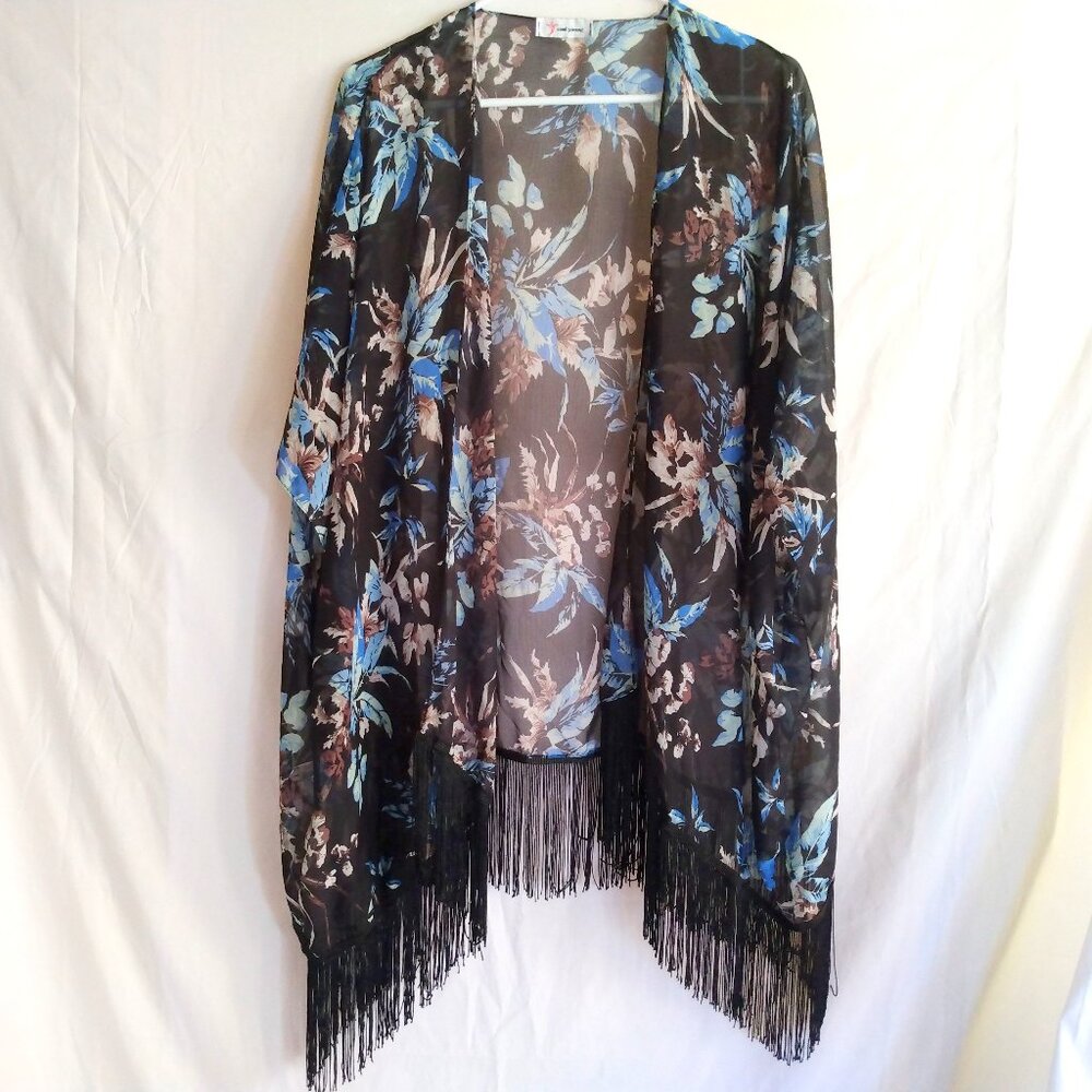 Soul Young Black Floral Sheer Kimono Duster XL Boho Fringe Layering Cottagecore